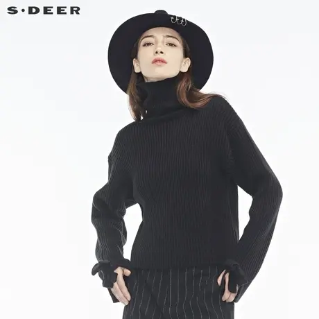 sdeer圣迪奥个性挖肩设计袖口蝴蝶结造型装饰高领针织衫S18483586图片