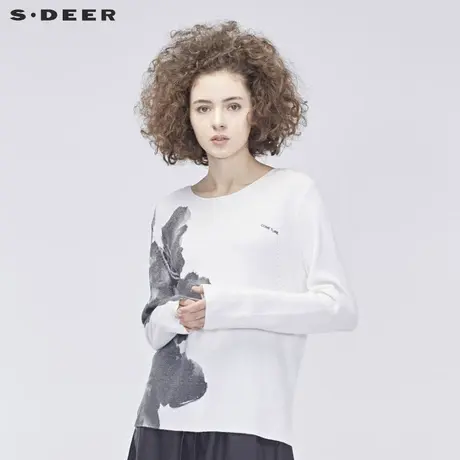 sdeer圣迪奥2019秋文艺休闲圆领水墨印花开衩摆长袖针织S19183516图片