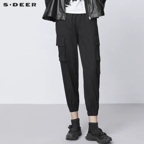 sdeer圣迪奥女装春秋装个性松紧立体口袋工装黑色长裤S21380825图片