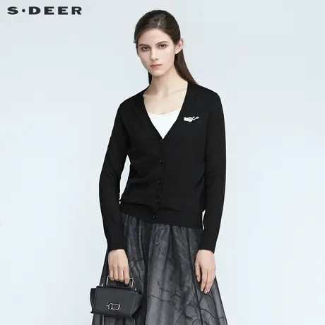 sdeer圣迪奥休闲罗纹V领基本款黑色开衫针织衫S21163513图片