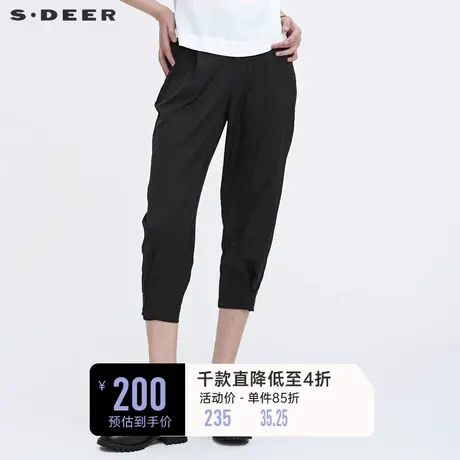 sdeer圣迪奥夏装黑色长裤松紧拼接压褶透气插袋裤子女S22260819图片