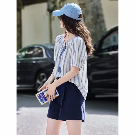 时尚甜美衬衫2025年夏季新款条纹休闲慵懒减龄百搭宽松短袖上衣商品大图