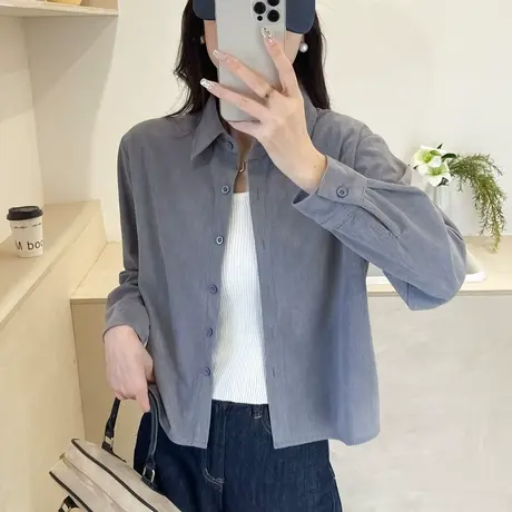 早春洋气休闲灯芯绒polo衬衫女内搭纯色磨毛纯棉衬衣宽松上衣外穿商品大图