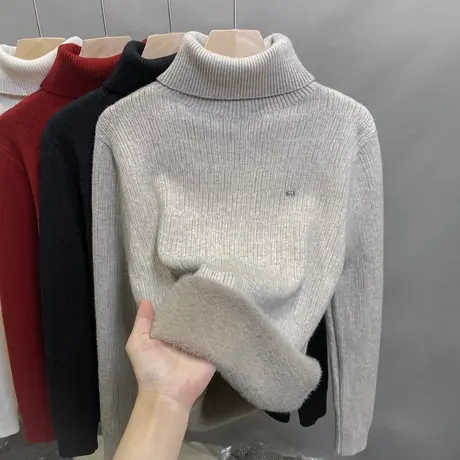 一体绒高领毛衣女加绒加厚打底衫2024秋冬新款针织衫内搭肌理上衣商品大图