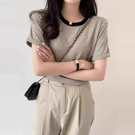 撞色条纹圆领正肩短袖t恤女装2025新款夏季纯棉宽松韩系半袖上衣商品大图