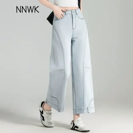女士直筒牛仔裤女2025新款夏季薄款九分裤设计感拼接阔腿裤八分裤商品大图