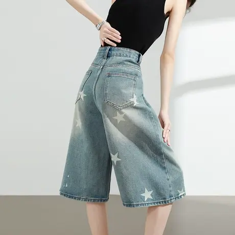 复古星星印花牛仔短裤女夏季薄款高腰宽松显瘦直筒五分六分中裤子图片