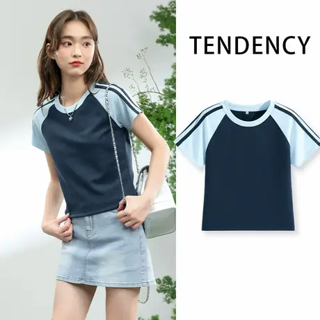 NOB真维斯撞色修身短袖t恤女2025新款夏季正肩好看设计感上衣半袖商品大图