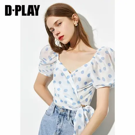 DPLAY德帕拉夏新复古法式蓝色波点欧根纱小衫温柔茶歇v领上衣商品大图
