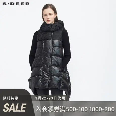 sdeer圣迪奥冬季高领连帽肌理拼接中长款背心羽绒服马甲S20482488商品大图