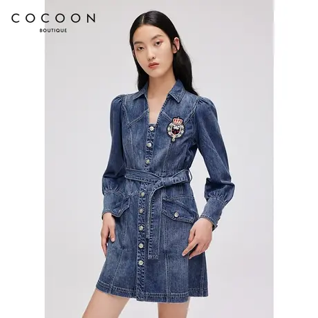 COCOON商场同款时尚裙子2023春装新款女装腰带设计感牛仔连衣裙女图片