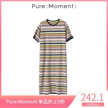 Pure:Moment:新款圆领条纹连衣裙女休闲中长款裙子4A5191201图片