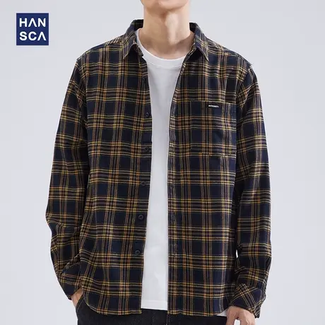 hansca日系格子衬衫男长袖2023年秋季新款宽松休闲复古开衫外套男商品大图