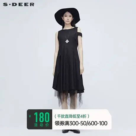 sdeer圣迪奥女装夏季不规则网纱拼接通勤黑色气质连衣裙S20281207💡商品大图