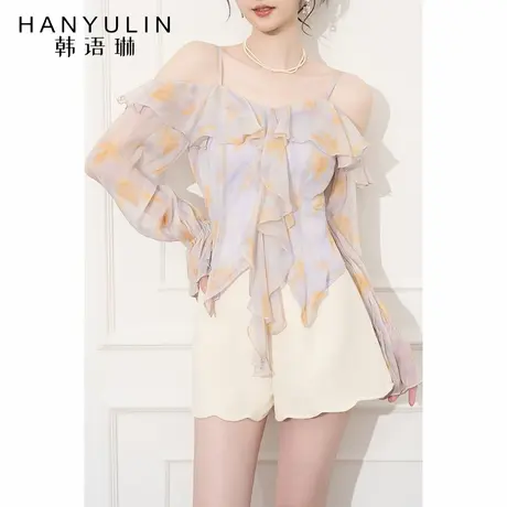 吊带衬衫女2025新款夏季轻奢高级感小衫短款长袖露肩上衣短裤套装商品大图