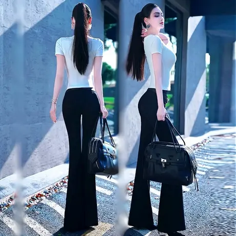 VJE夏季女士黑色薄款垂顺微喇叭裤2025新款高腰修身休闲长裤子图片