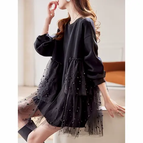宝诗黎中长款网纱钉珠拼接卫衣2025春季设计感洋气宽松棉质上衣女图片