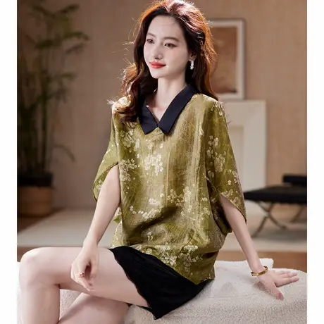 宝诗黎【新品价138元】蝙蝠袖亮丝印花雪纺衫AEQ3016商品大图