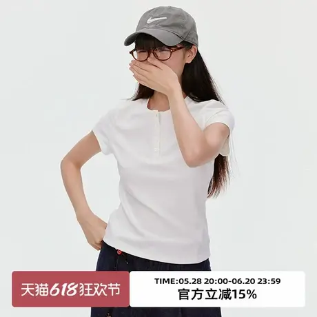 omont蛋挞家复古亨利领白色短袖T恤2025夏季正肩修身显瘦半袖上衣商品大图