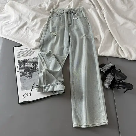 美式高街破洞辣妹牛仔裤女2025春季新款时尚显瘦窄版直筒宽松长裤商品大图