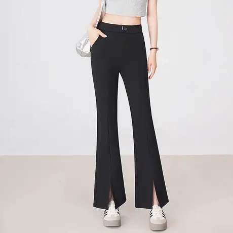 2024春夏新款黑色高腰开叉高弹微喇叭裤女百搭显瘦休闲直筒长裤子商品大图