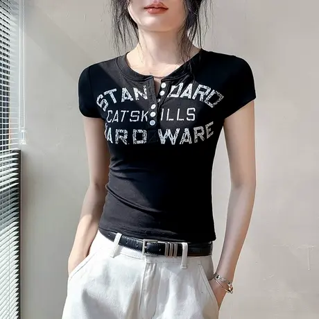 莱赛尔纽扣圆领短袖T恤女2025春夏新款字母印花别致修身内搭上衣图片