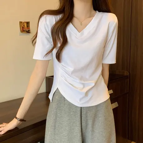 chic甜辣褶皱收腰不规则短袖T恤女夏季韩版修身短款V领正肩上衣潮商品大图