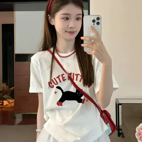 大码短袖t恤2025新款夏季纯棉可爱半袖内搭减龄独特美式上衣ins潮图片