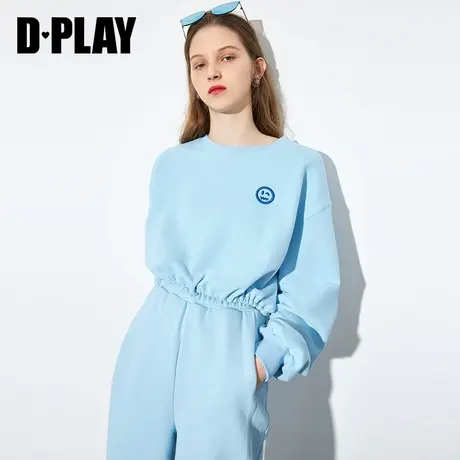 DPLAY德帕拉早秋新款冰川蓝时尚洋气笑脸刺绣抽绳卫衣商品大图