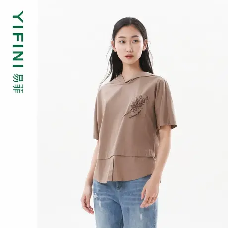 [专柜同款]Yifini/易菲索罗娜蝙蝠袖拼接连帽宽松短款卫衣T恤上衣商品大图
