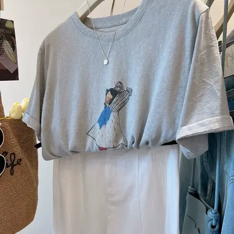 伸懒腰小女孩印花tee~韩系减龄凉爽舒适竹节棉薄款宽松短袖t恤女商品大图