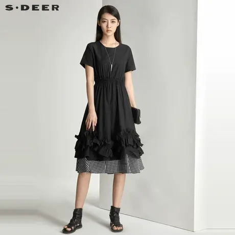 sdeer圣迪奥夏季裙子质感高级感木耳边拼接短袖连衣裙S21261233商品大图