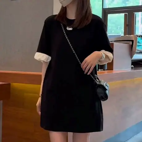 黑色撞色短袖T恤连衣裙女2024夏韩版新款时尚宽松休闲慵懒风上衣商品大图