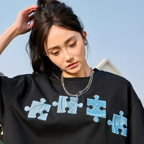 Nuthink多巴胺潮牌拼图刺绣短袖嘻哈T恤宽松半袖男女2025夏季新款图片