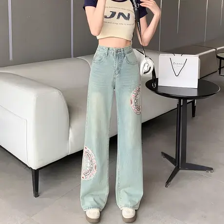 新中式国风阔腿牛仔裤女春秋浅色复古高腰宽松刺绣民族风直筒裤子商品大图