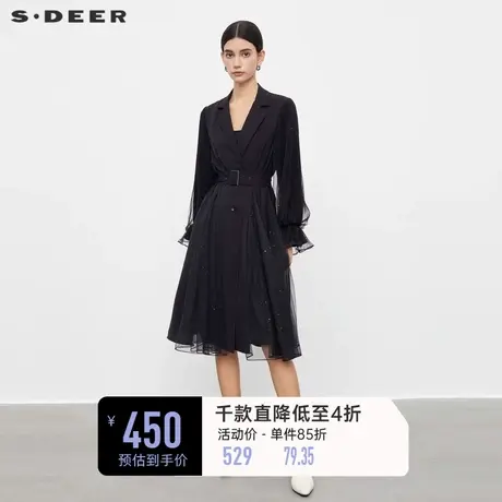 sdeer圣迪奥女装西装领收腰网纱喇叭袖长款风衣S233Z1801图片