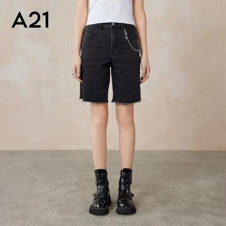 A21女装合体弹力高腰小直筒牛仔中裤夏季黑色短裤新款拉链五分裤图片