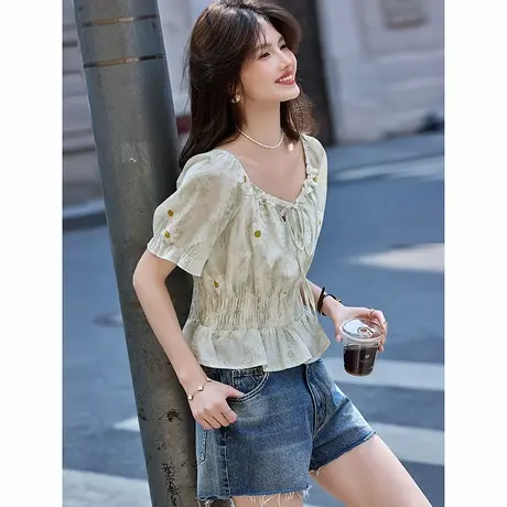 时尚短袖衬衫2025年夏季新款女钻石领收腰显瘦碎花减龄百搭上衣商品大图