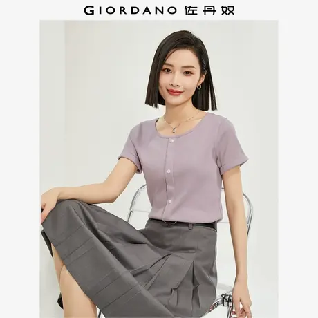 佐丹奴T恤女装坑条针织纽扣装饰修身圆领短袖T恤 13324244商品大图