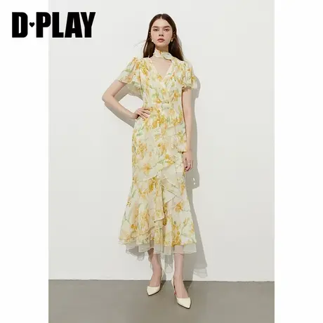 DPLAY2025年夏季新款黄色花卉连衣裙女海边度假好看法式雪纺长裙商品大图