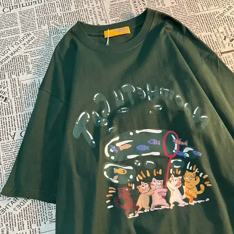 美式复古印花t恤女胖mm大码韩版绿色短袖ins潮牌bf风纯棉夏季上衣图片