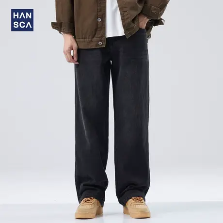 hansca黑色牛仔裤男秋季美式复古潮牌水洗做旧宽松阔腿休闲长裤子商品大图