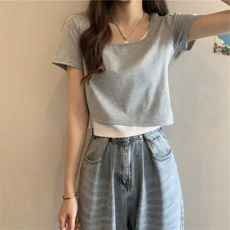 假两件短袖t恤女夏季2024年新款设计感小众bm风正肩短款上衣ins潮图片