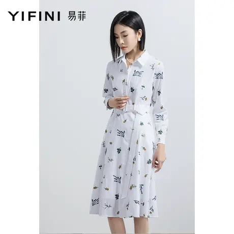 Yifini/易菲绣花提花衬衫裙女2023春秋新款长袖翻领中长款连衣裙商品大图