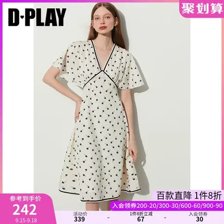 DPLAY2023新法式优雅撞色织带蕾丝花边杏底黑花飞飞袖印花连衣裙商品大图