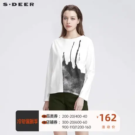 sdeer圣迪奥女装简约圆领字母印花不规则长袖T恤S22180212🧦商品大图