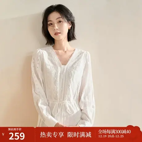 【商场同款】茵曼2023春女装新款文艺拼接花边纯棉V领收腰连衣裙商品大图