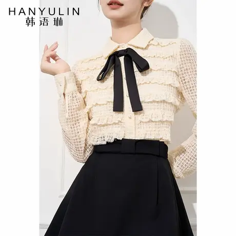 法式气质长袖衬衫女2025新款女春秋季设计个小众短款蕾丝镂空上衣图片