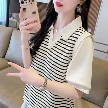 翻领polo衫短袖t恤女夏季韩版宽松大码女装条纹小个子假两件上衣图片
