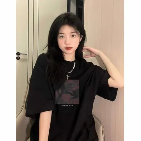 港味复古纯棉黑色短袖t恤女夏季韩版半袖宽松chic上衣设计感小众商品大图